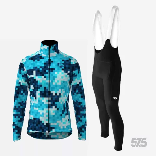 Kerékpáros Thermo felső - Pixel Camo Blue + Kerékpáros hosszúnadrág kantáros - STANDARD BLACK